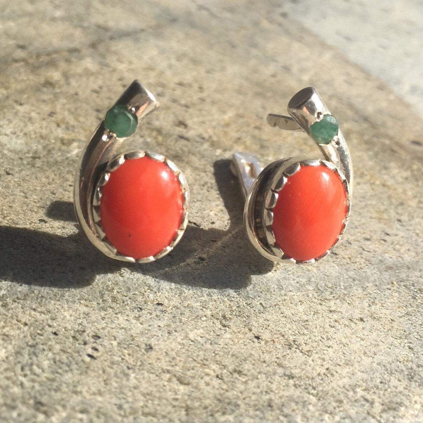 Coral Earrings, Natural Coral, Red Coral Earrings, Emerald Earrings, Natural Emerald, Vintage Coral, Antique Coral, Solid Silver,Pure Silver