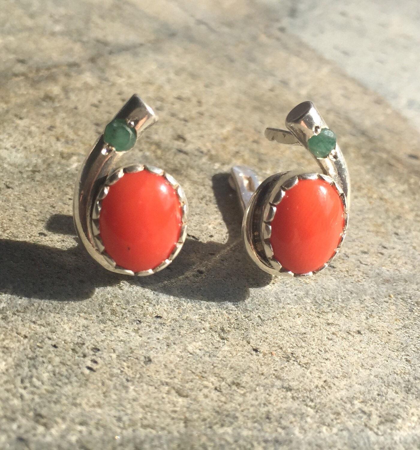 Coral Earrings, Natural Coral, Red Coral Earrings, Emerald Earrings, Natural Emerald, Vintage Coral, Antique Coral, Solid Silver,Pure Silver