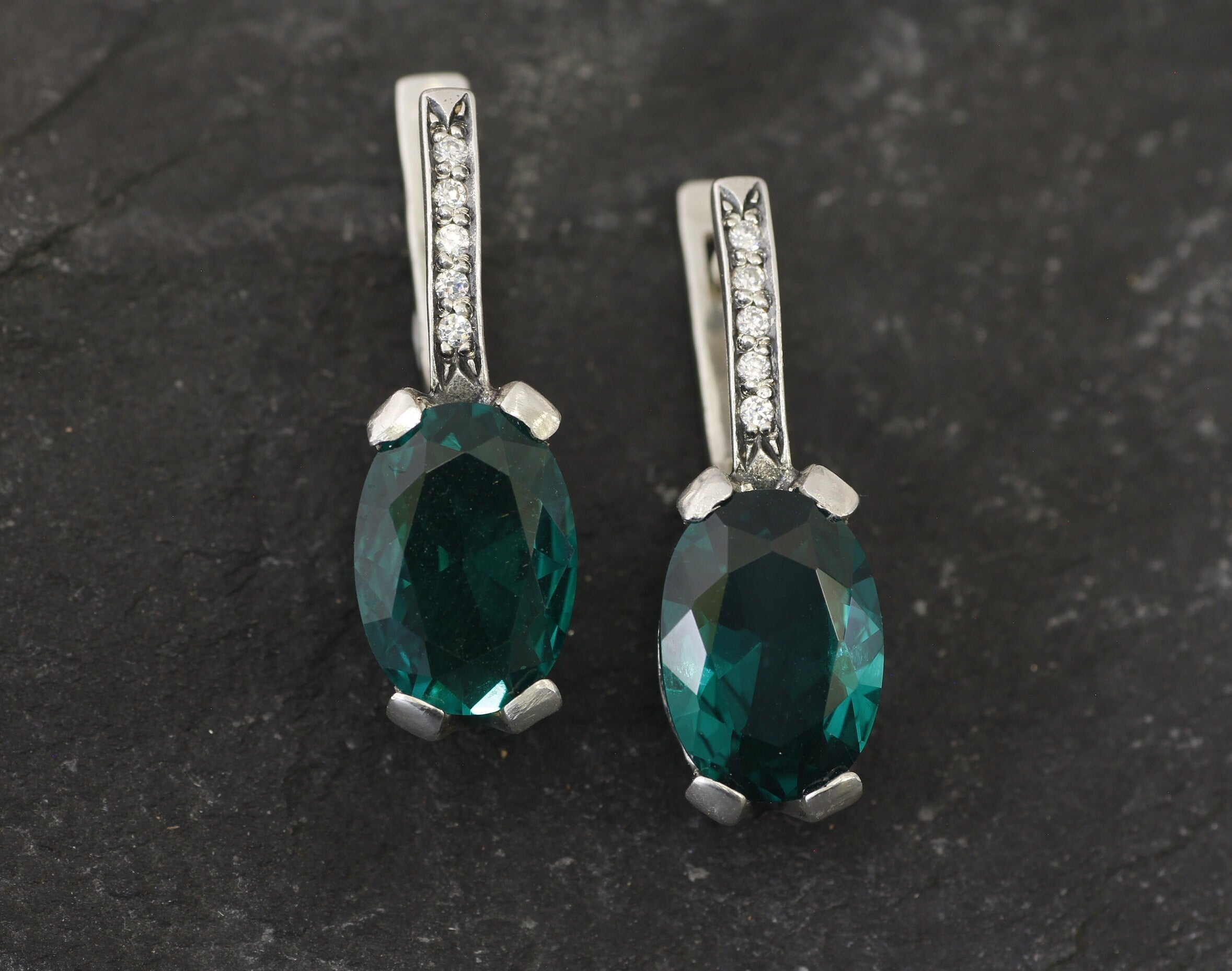 Emerald Earrings, Created Emerald, Emerald Green Earrings, Vintage Earrings, Statement Earrings, Heavy Earrings, Silver Earrings, Emerald