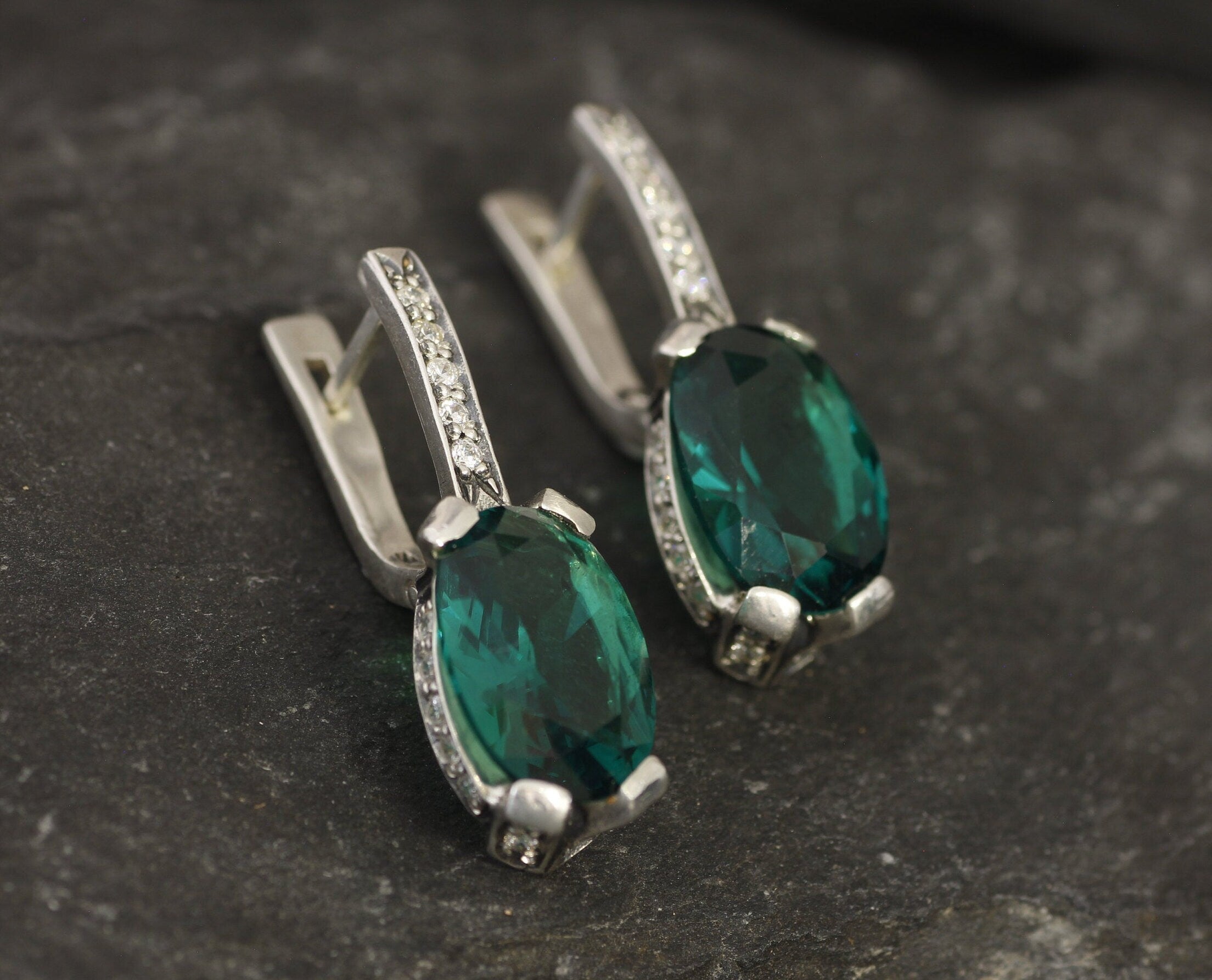 Emerald Earrings, Created Emerald, Emerald Green Earrings, Vintage Earrings, Statement Earrings, Heavy Earrings, Silver Earrings, Emerald