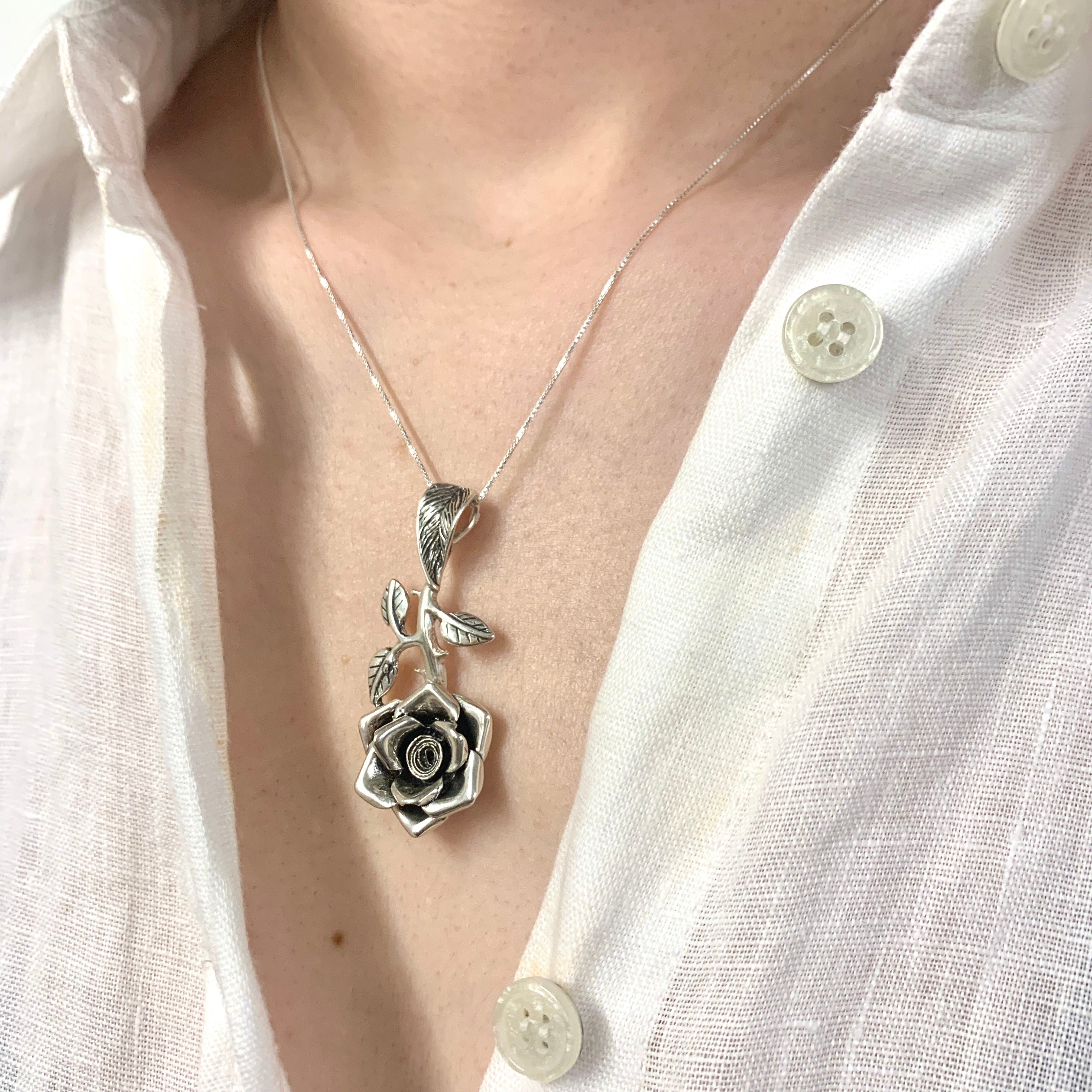 Rose Pendant, Silver Rose Pendant, Solid Silver Pendant, Silver Flower Pendant, Rose Flower Pendant, Statement Pendant, Floral Pendant