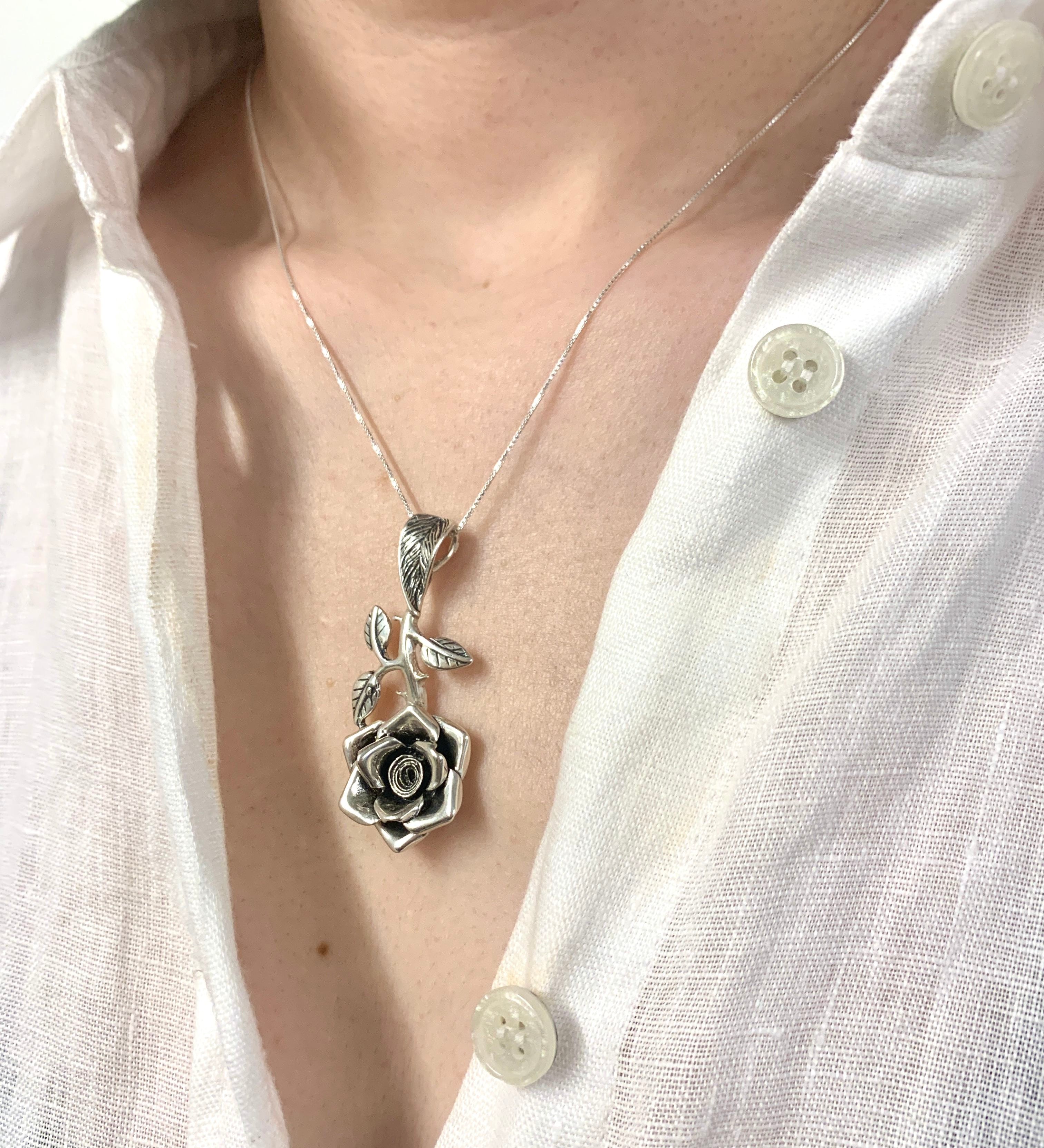 Rose Pendant, Silver Rose Pendant, Solid Silver Pendant, Silver Flower Pendant, Rose Flower Pendant, Statement Pendant, Floral Pendant