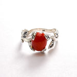 Red Coral Ring - Silver Leaves Ring - Olive Branch Ring