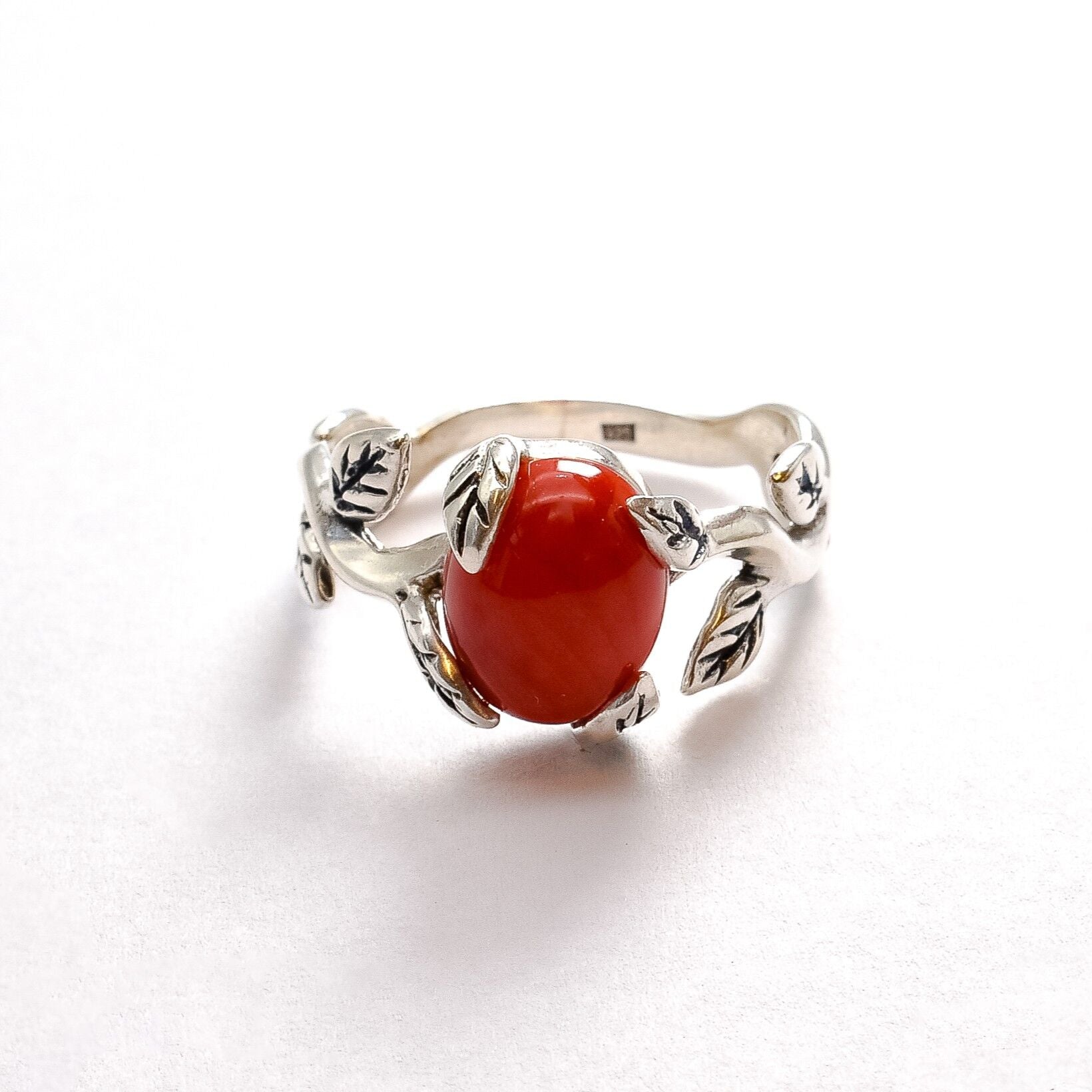 Red Coral Ring - Silver Leaves Ring - Olive Branch Ring