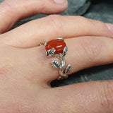 Red Coral Ring - Silver Leaves Ring - Olive Branch Ring