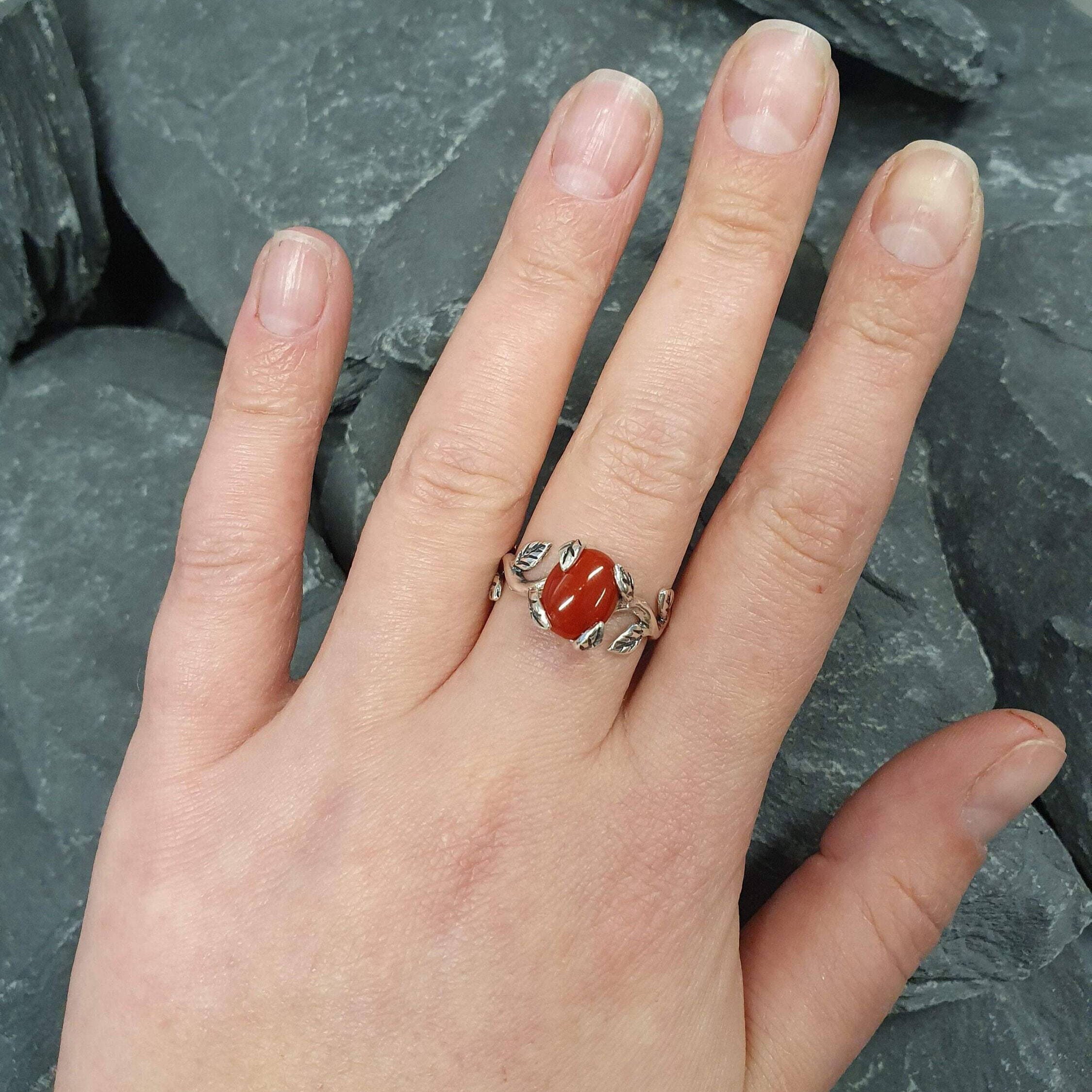 Red Coral Ring - Silver Leaves Ring - Olive Branch Ring