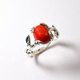 Red Coral Ring - Silver Leaves Ring - Olive Branch Ring