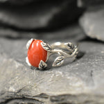 Red Coral Ring - Silver Leaves Ring - Olive Branch Ring