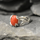 Red Coral Ring - Silver Leaves Ring - Olive Branch Ring