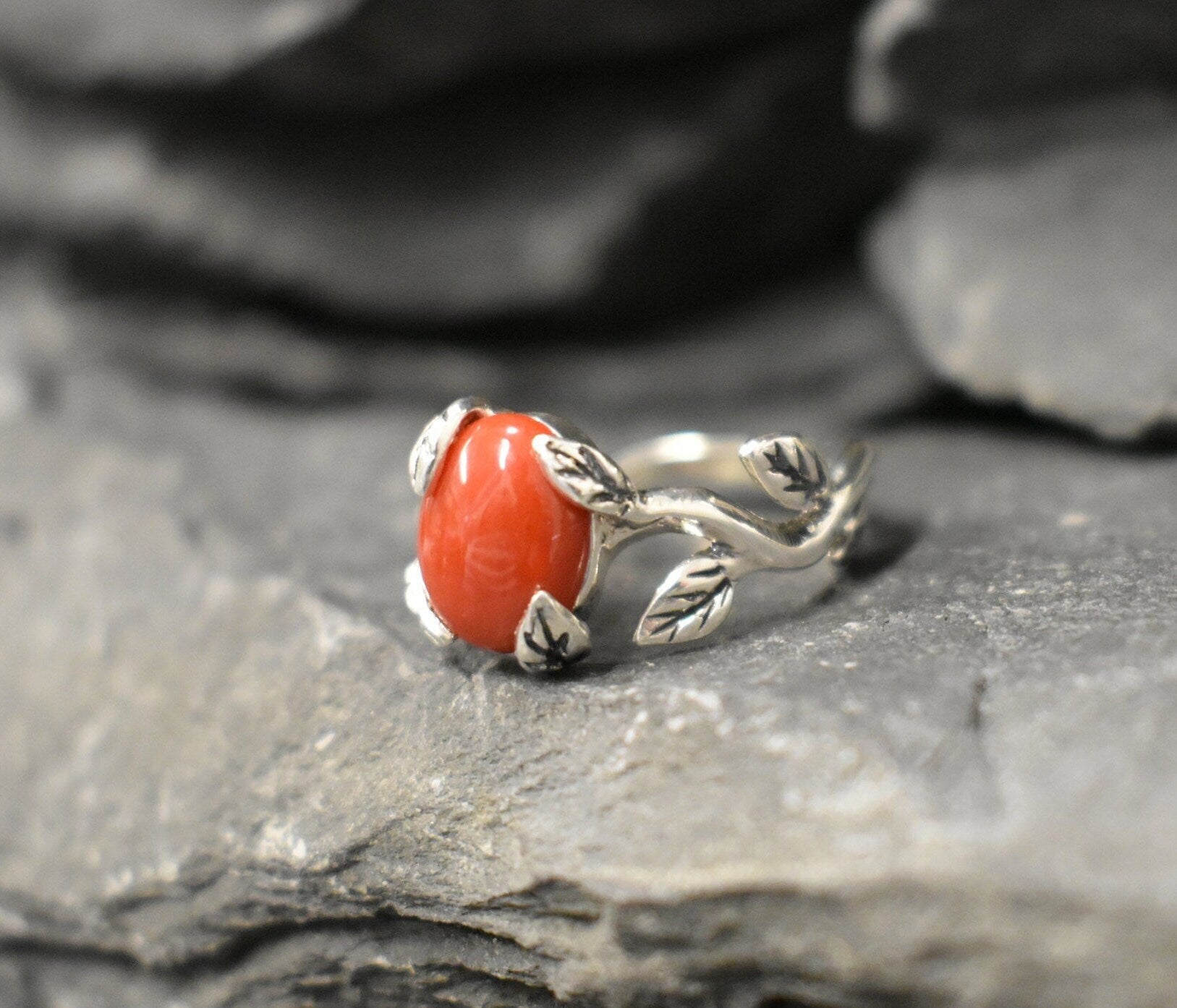 Red Coral Ring, Natural Coral, Leaf Ring, Bohemian Ring, Vintage Ring, Branch Ring, Red Boho Ring, Solitaire Ring, 3 Carat Ring, Silver Ring