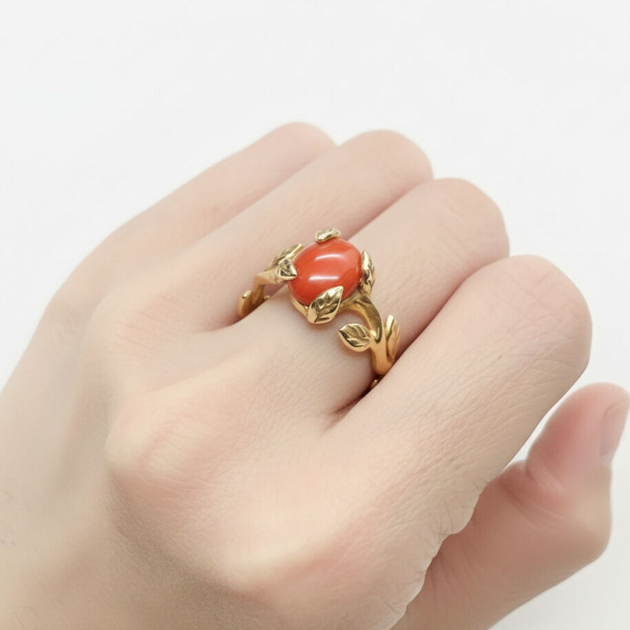 Chic Red Coral Gold Ring - Bohemian Leaf Coral Style in 18k Gold Vermeil, perfect for everyday elegance and memorable gifting.