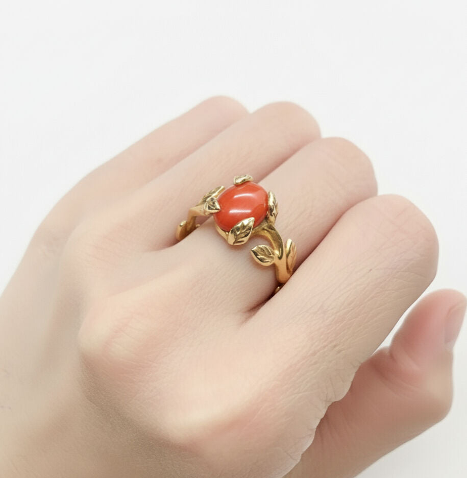 Chic Red Coral Gold Ring - Bohemian Leaf Coral Style in 18k Gold Vermeil, perfect for everyday elegance and memorable gifting.