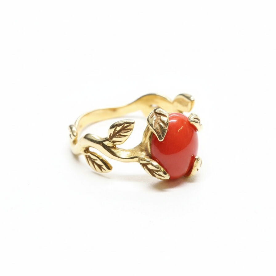Red Coral Gold Ring - Elegant Leaf Coral Design, 18k Gold Vermeil, perfect for daily wear and special celebrations.