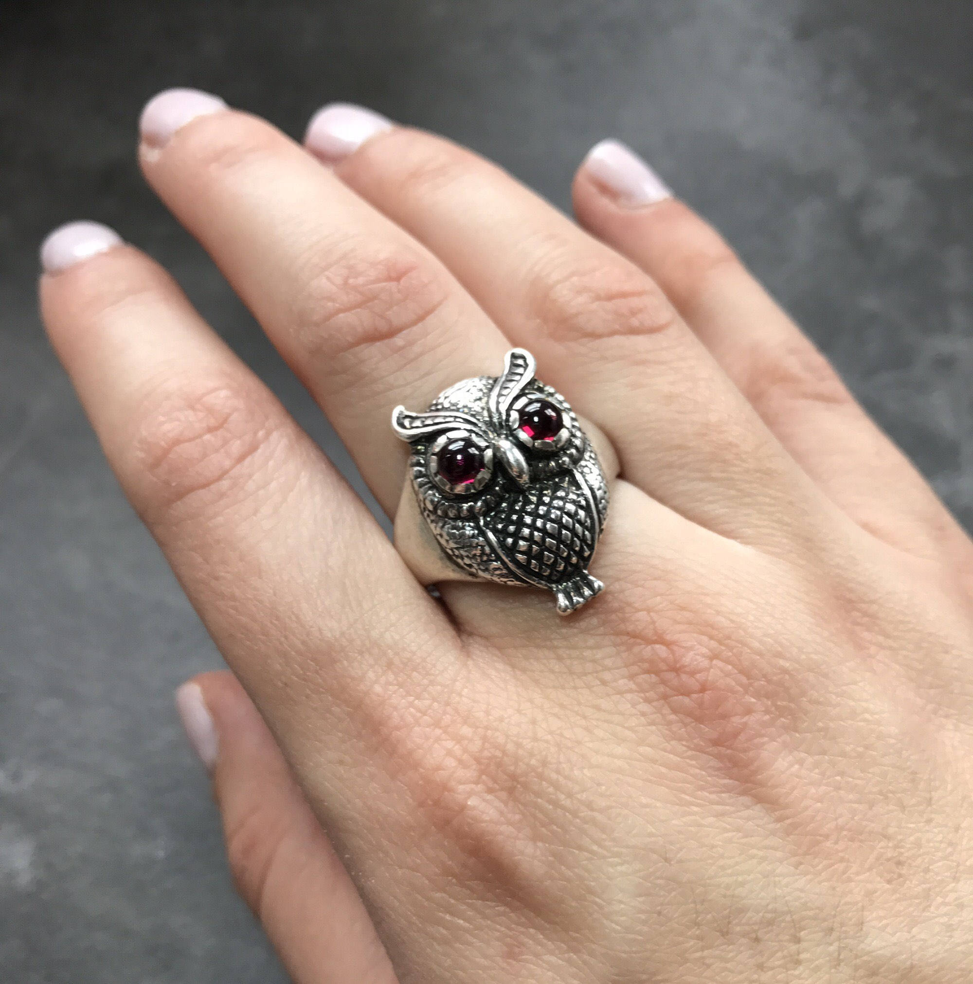 Owl Ring, Silver Owl Ring, Garnet Ring, Artistic Ring, Garnet Eyes, Natural Garnet, January Birthstone, Solid Silver Ring, Wisdom Ring, Owl