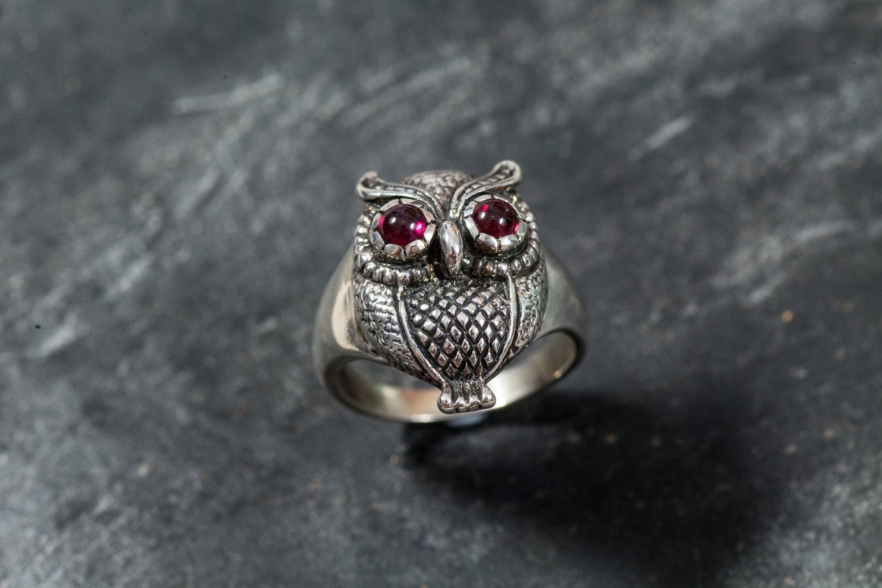 Owl Ring, Silver Owl Ring, Garnet Ring, Artistic Ring, Garnet Eyes, Natural Garnet, January Birthstone, Solid Silver Ring, Wisdom Ring, Owl