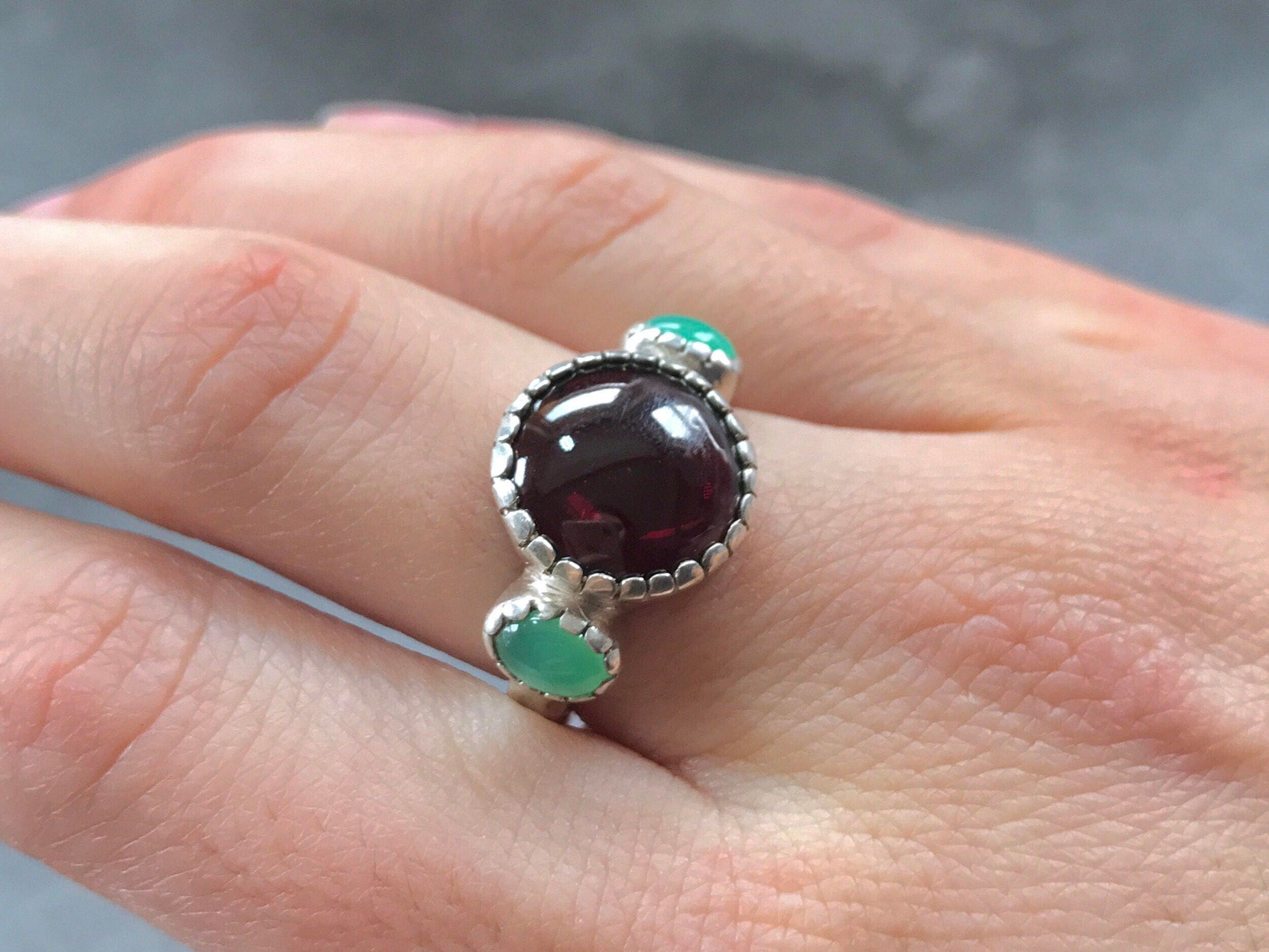 Garnet Ring, Chrysoprase Ring, Natural Chrysoprase, January Birthstone, Real Chrysoprase, May Birthstone, Natural Garnet, Solid Silver Ring
