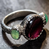 Garnet Statement Ring - Three Stone Ring - Natural Chrysoprase Ring