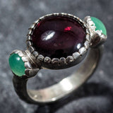 Garnet Statement Ring - Three Stone Ring - Natural Chrysoprase Ring