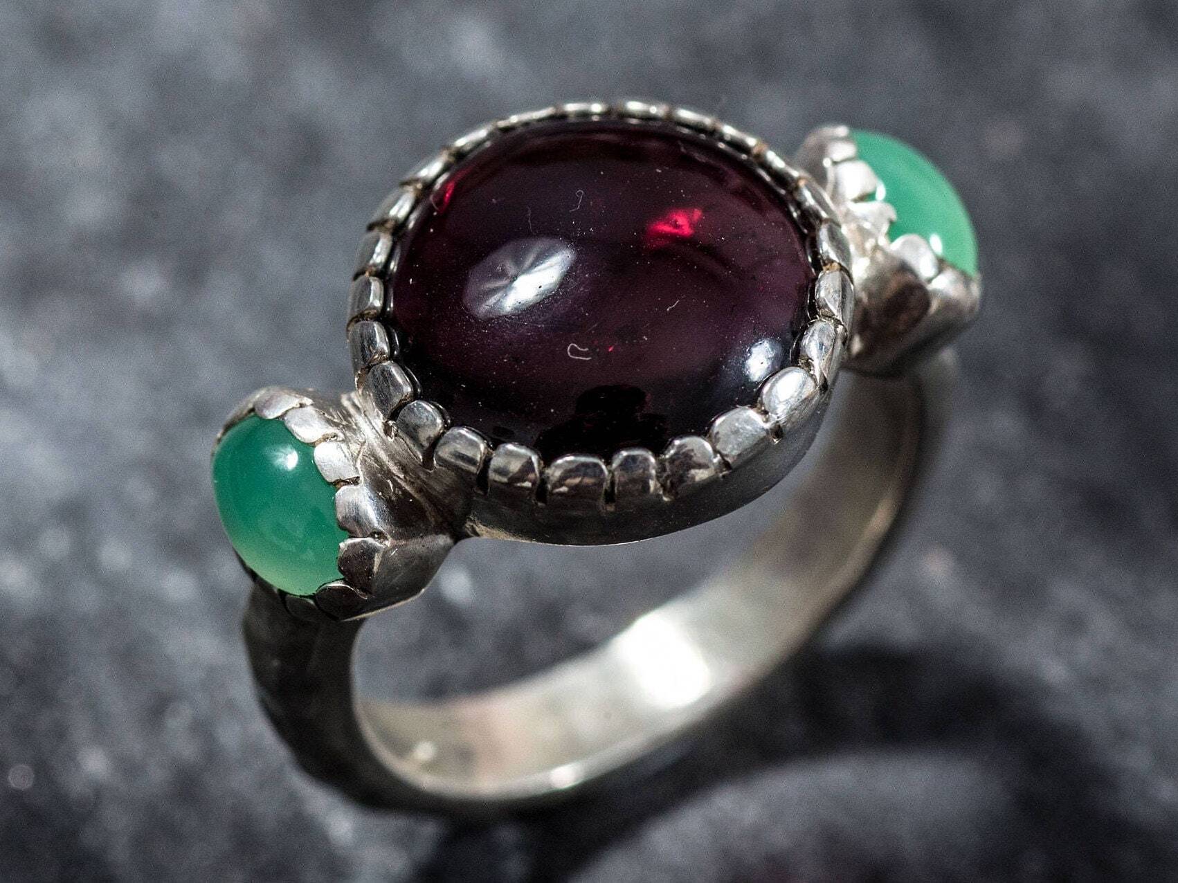 Garnet Ring, Chrysoprase Ring, Natural Chrysoprase, January Birthstone, Real Chrysoprase, May Birthstone, Natural Garnet, Solid Silver Ring