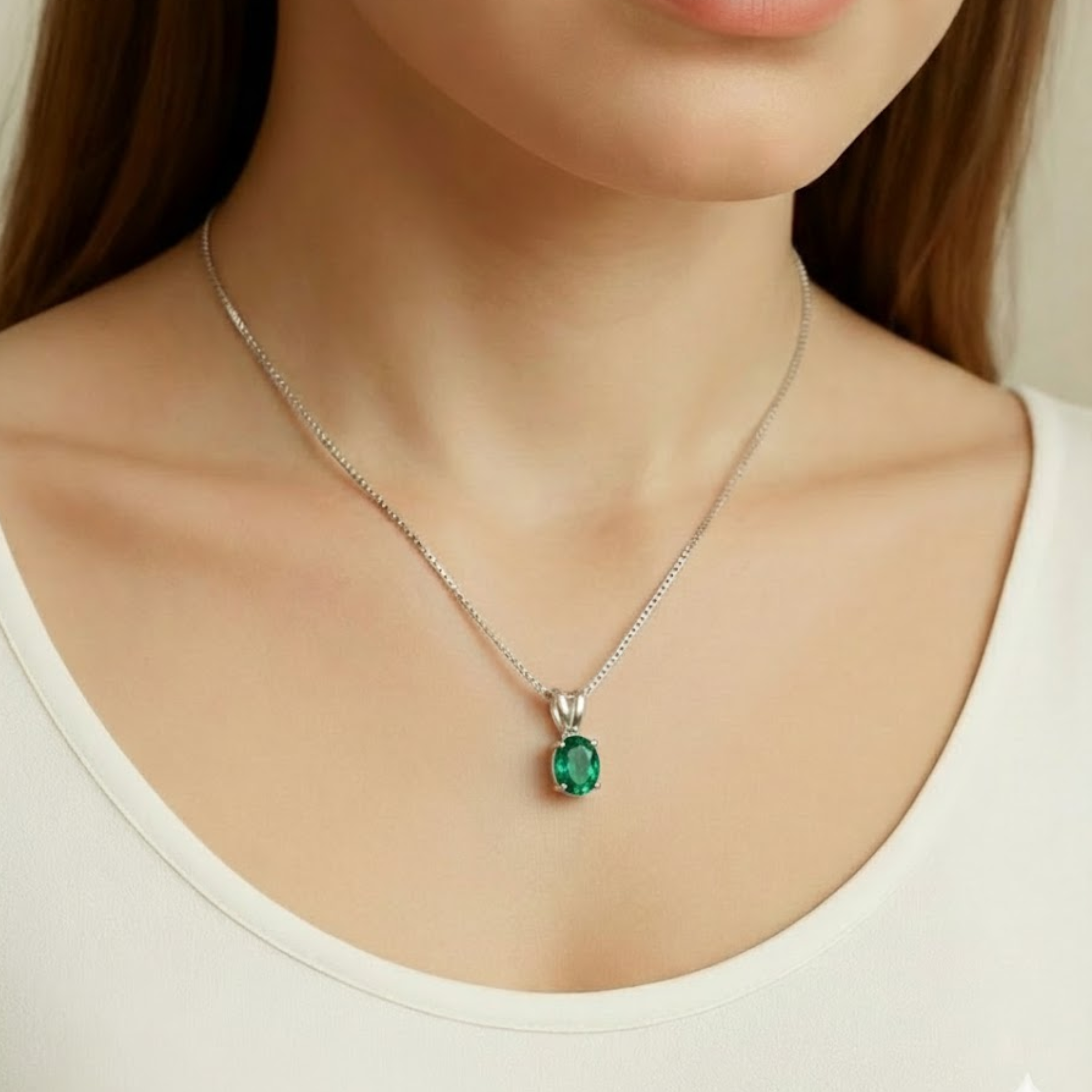 Elegant 925 Sterling Silver Emerald Pendant with Oval Created Green Emerald, perfect for May birthdays and special occasions.