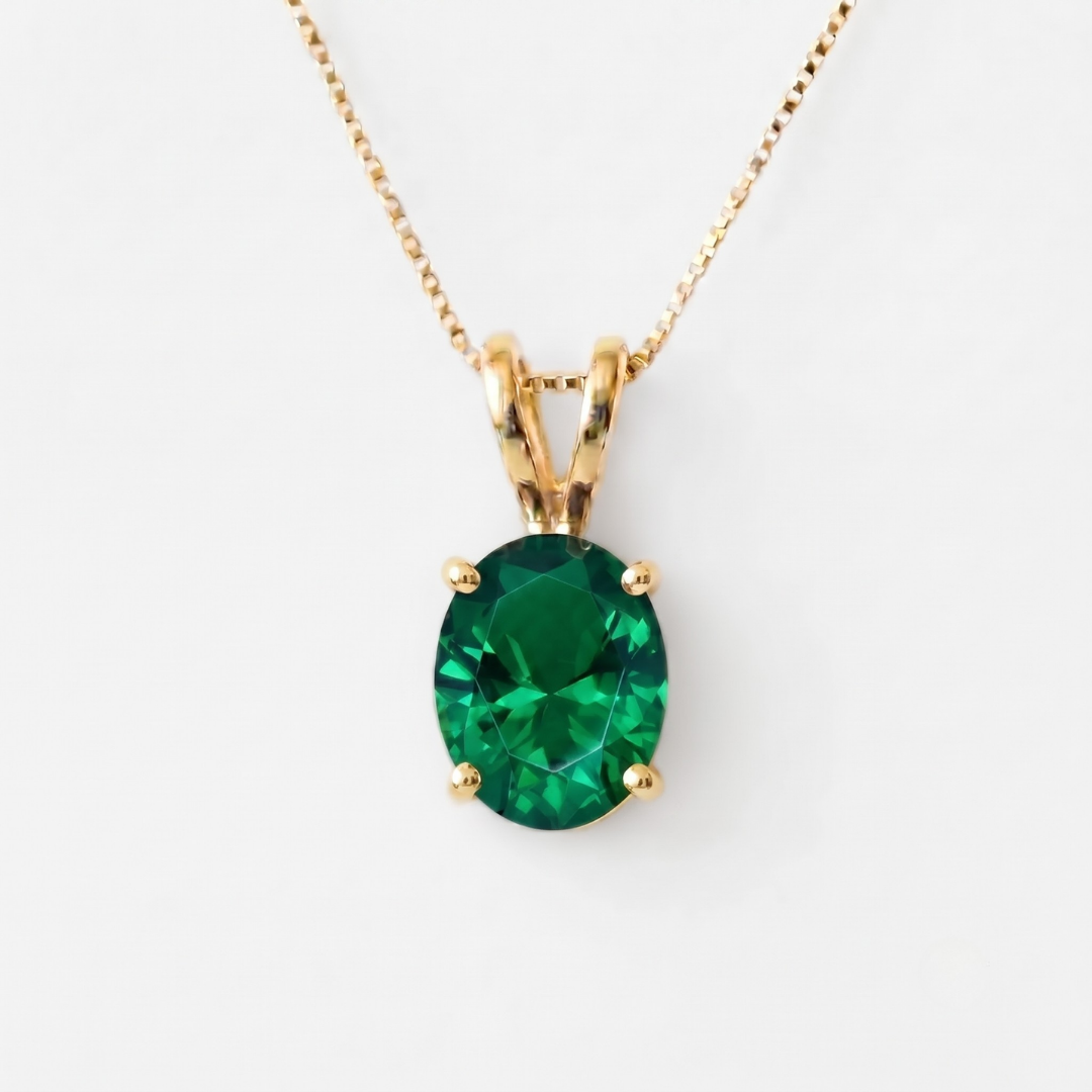 Created Emerald Pendant made in 18k Gold Vermeil with Oval Created Green Emerald in Prong setting, May Birthstone gift idea, symbolizes, ideal for everyday wear and perfect for birthday gifting and special occasions.