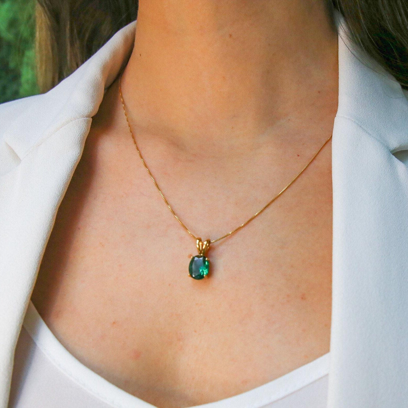 Gold Emerald Pendant Green Emerald Necklace, Gold Oval Pendant