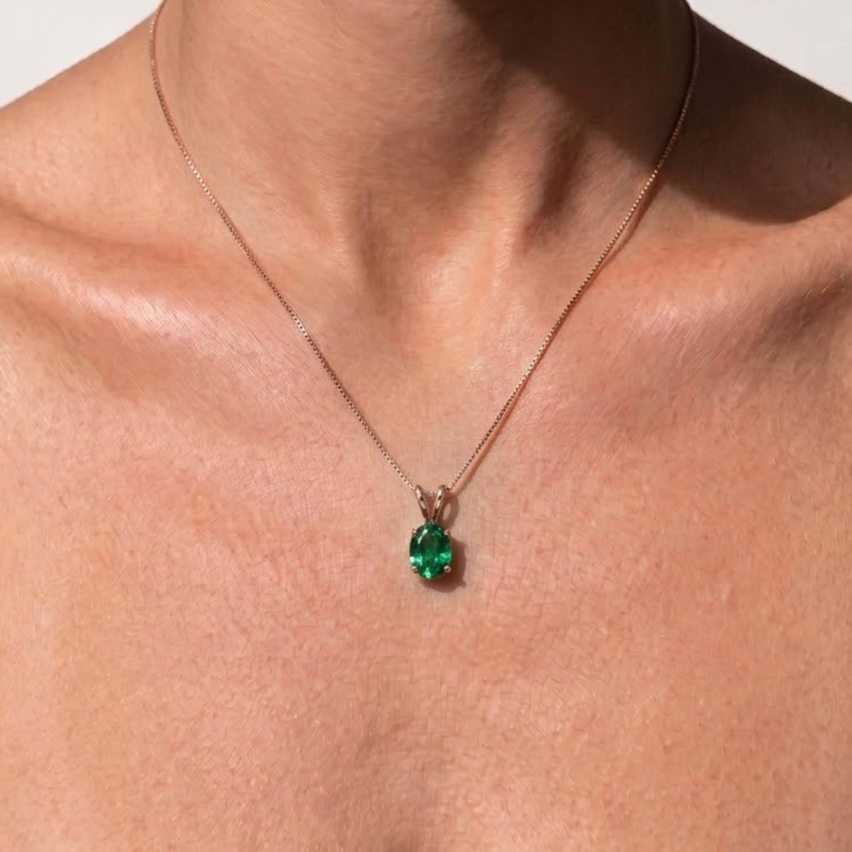 Rose Gold Vermeil Emerald Pendant with Oval Created Green Emerald, ideal for May birthdays and special occasions.
