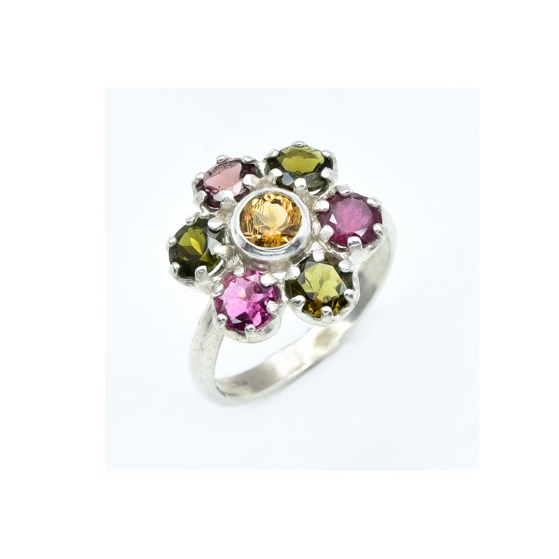 Tourmaline Ring, Natural Tourmaline, October Ring, Flower Ring, Multicolor Ring, October Birthstone, Flower Vintage Ring, 925 Silver Ring