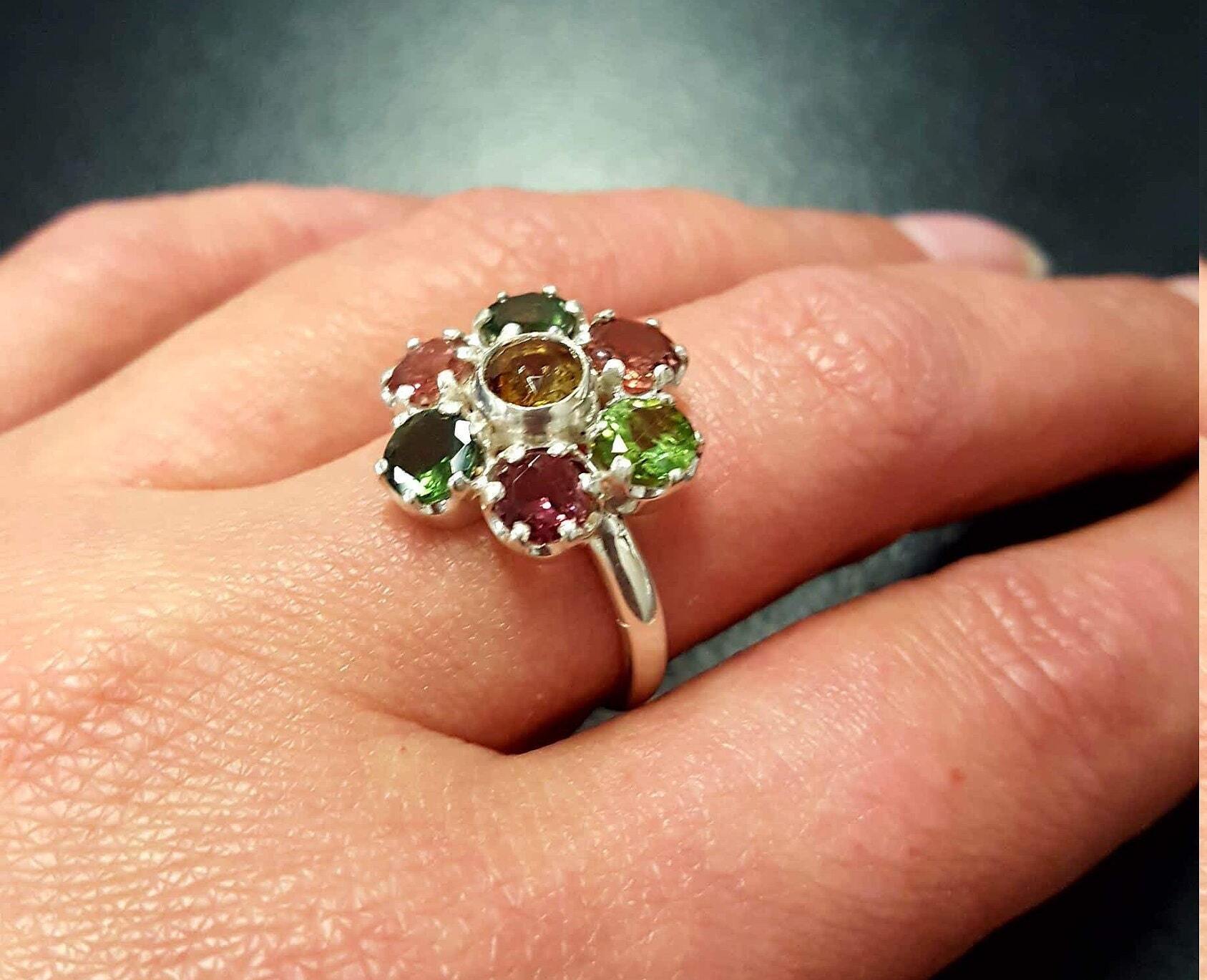 Tourmaline Ring, Natural Tourmaline, October Ring, Flower Ring, Multicolor Ring, October Birthstone, Flower Vintage Ring, 925 Silver Ring