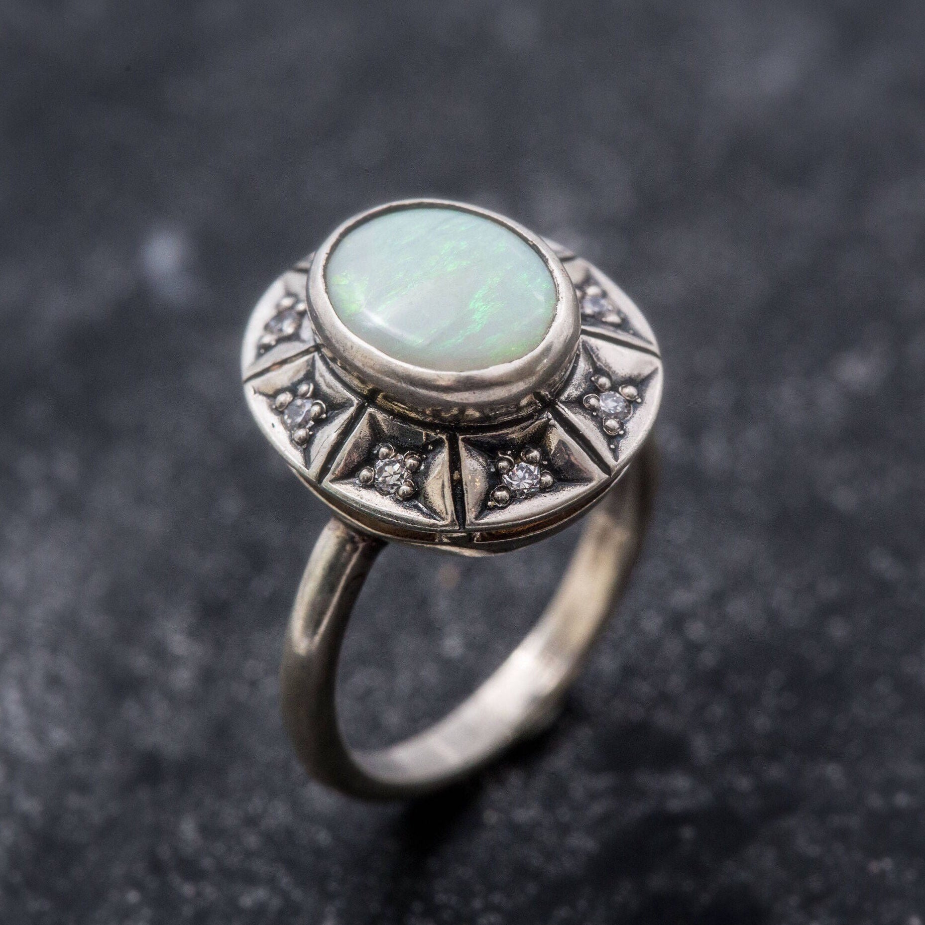 Antique Opal Ring, Natural Australian Opal, Bohemian Ring, October Birthstone, Vintage Rings, Fire Opal, White Oval Ring, Solid Silver Ring