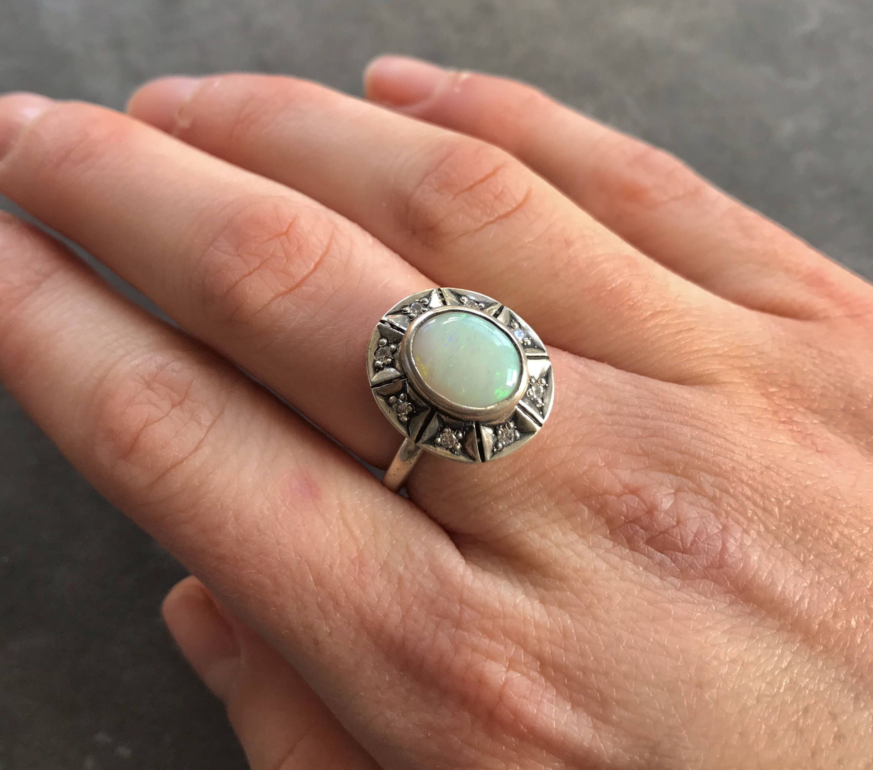Antique Opal Ring, Natural Australian Opal, Bohemian Ring, October Birthstone, Vintage Rings, Fire Opal, White Oval Ring, Solid Silver Ring