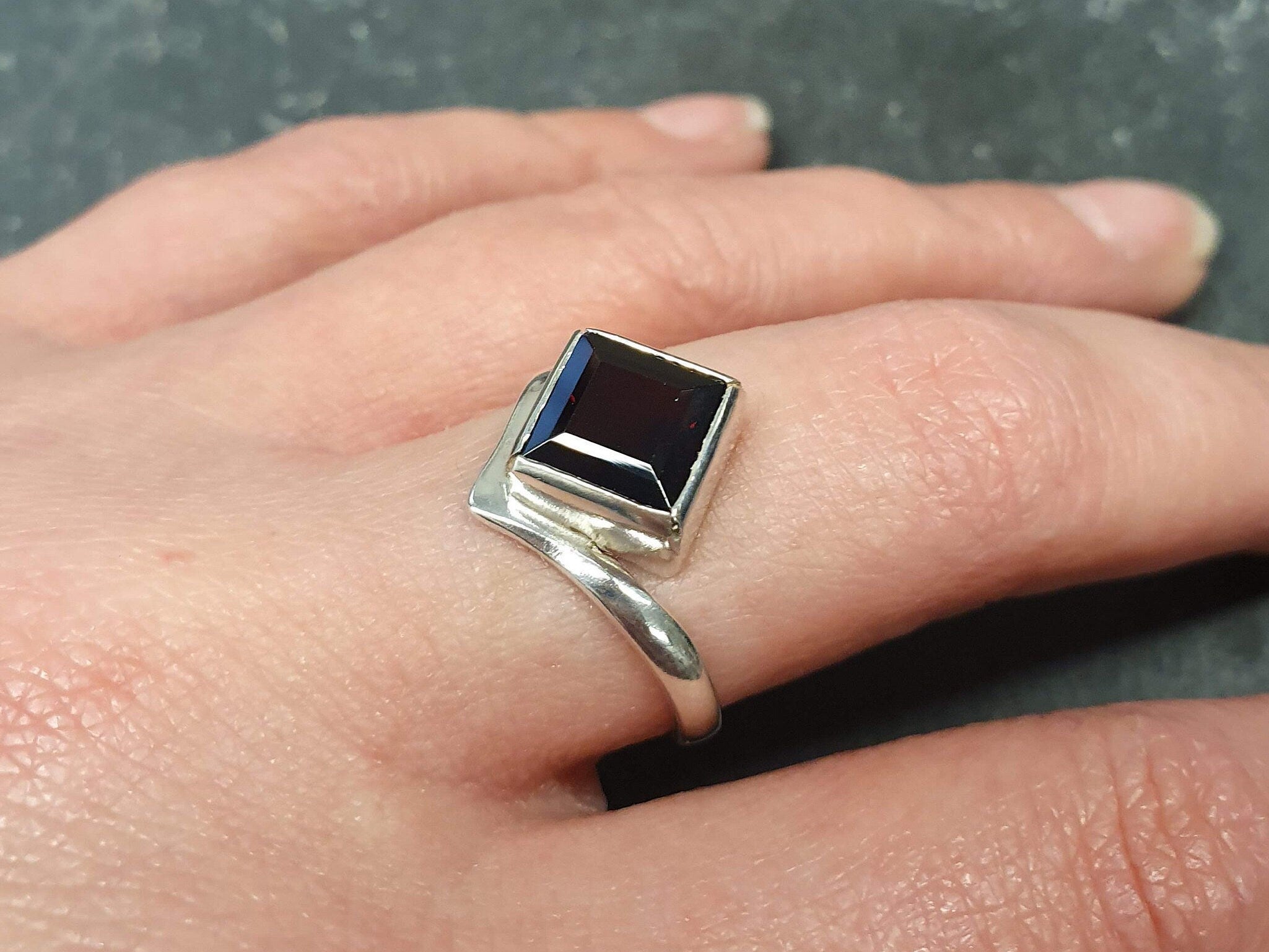 Garnet Ring, Natural Garnet, January Birthstone, Silver Square Ring, Red Vintage Ring, Red Diamond Ring, Asymmetric Ring, Solid Silver Ring