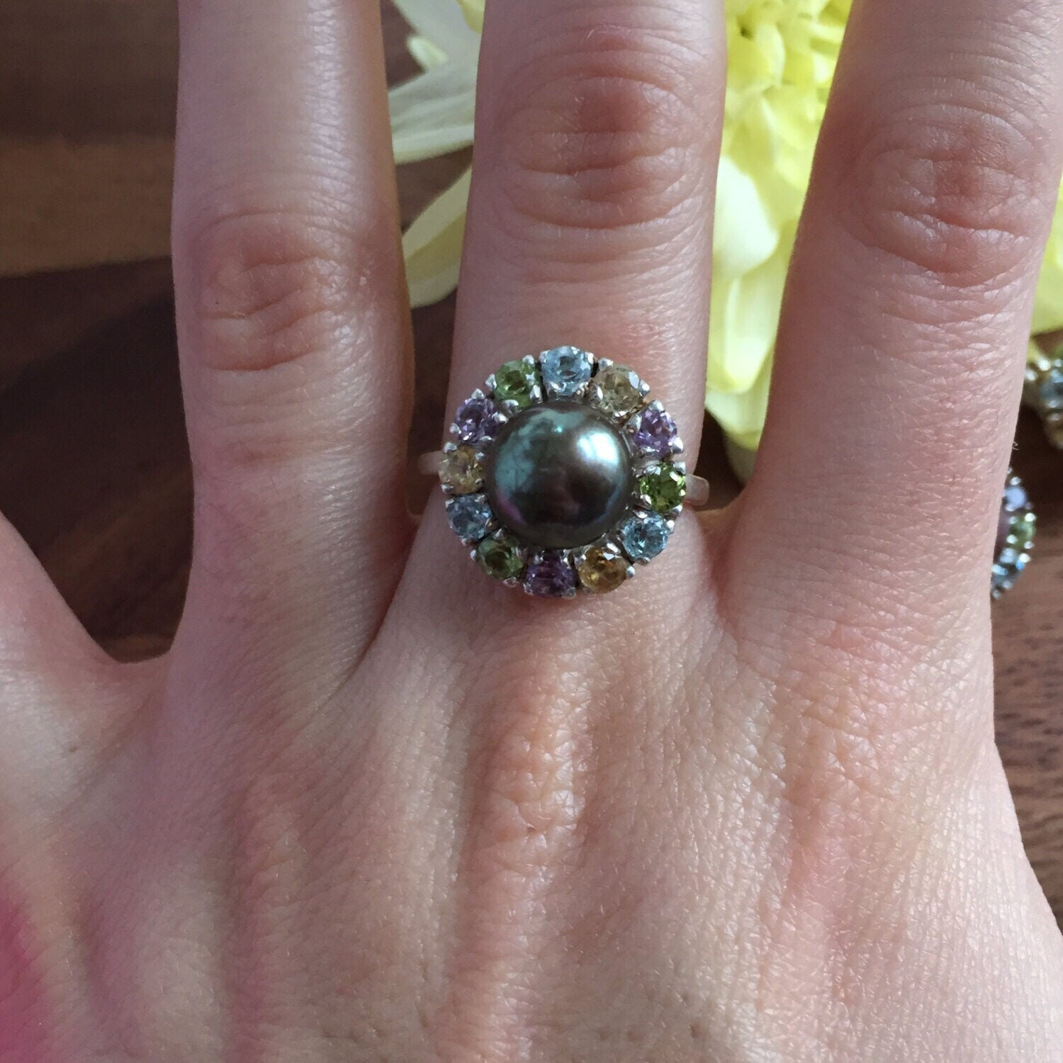 Black Pearl Ring, Birthstone Ring, Genuine Pearl, Colorful Topaz Halo, June Birthstone Ring, Amethyst, Citrine, Peridot, Blue Topaz