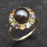 Black Pearl Ring, Birthstone Ring, Genuine Pearl, Colorful Topaz Halo, June Birthstone Ring, Amethyst, Citrine, Peridot, Blue Topaz