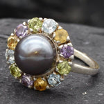 Black Pearl Ring, Birthstone Ring, Genuine Pearl, Colorful Topaz Halo, June Birthstone Ring, Amethyst, Citrine, Peridot, Blue Topaz