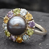 Black Pearl Ring, Birthstone Ring, Genuine Pearl, Colorful Topaz Halo, June Birthstone Ring, Amethyst, Citrine, Peridot, Blue Topaz