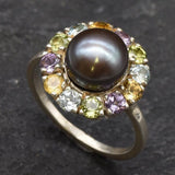 Black Pearl Ring, Birthstone Ring, Genuine Pearl, Colorful Topaz Halo, June Birthstone Ring, Amethyst, Citrine, Peridot, Blue Topaz