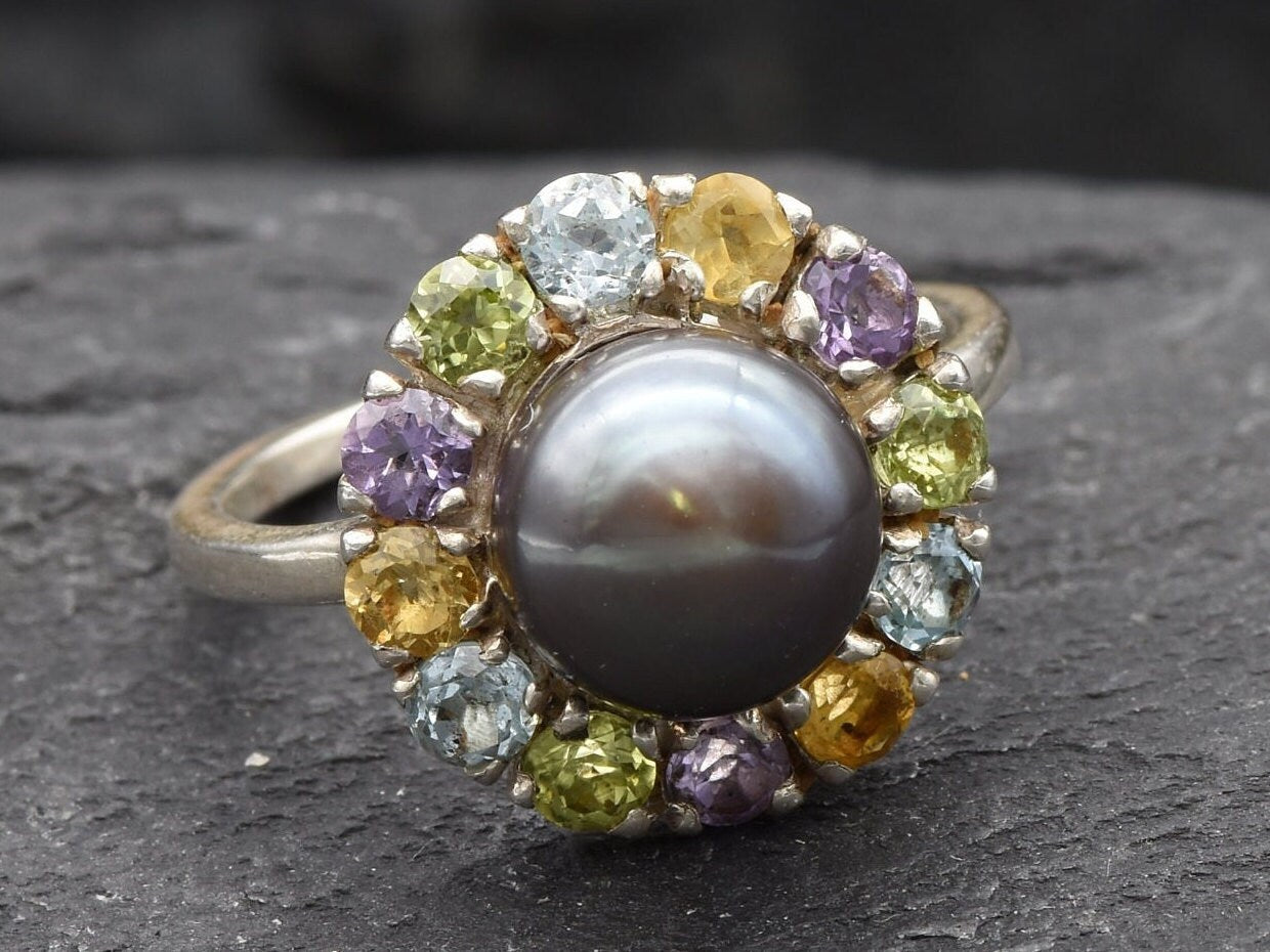 Black Pearl Ring, Birthstone Ring, Genuine Pearl, Colorful Topaz Halo, June Birthstone Ring, Amethyst, Citrine, Peridot, Blue Topaz