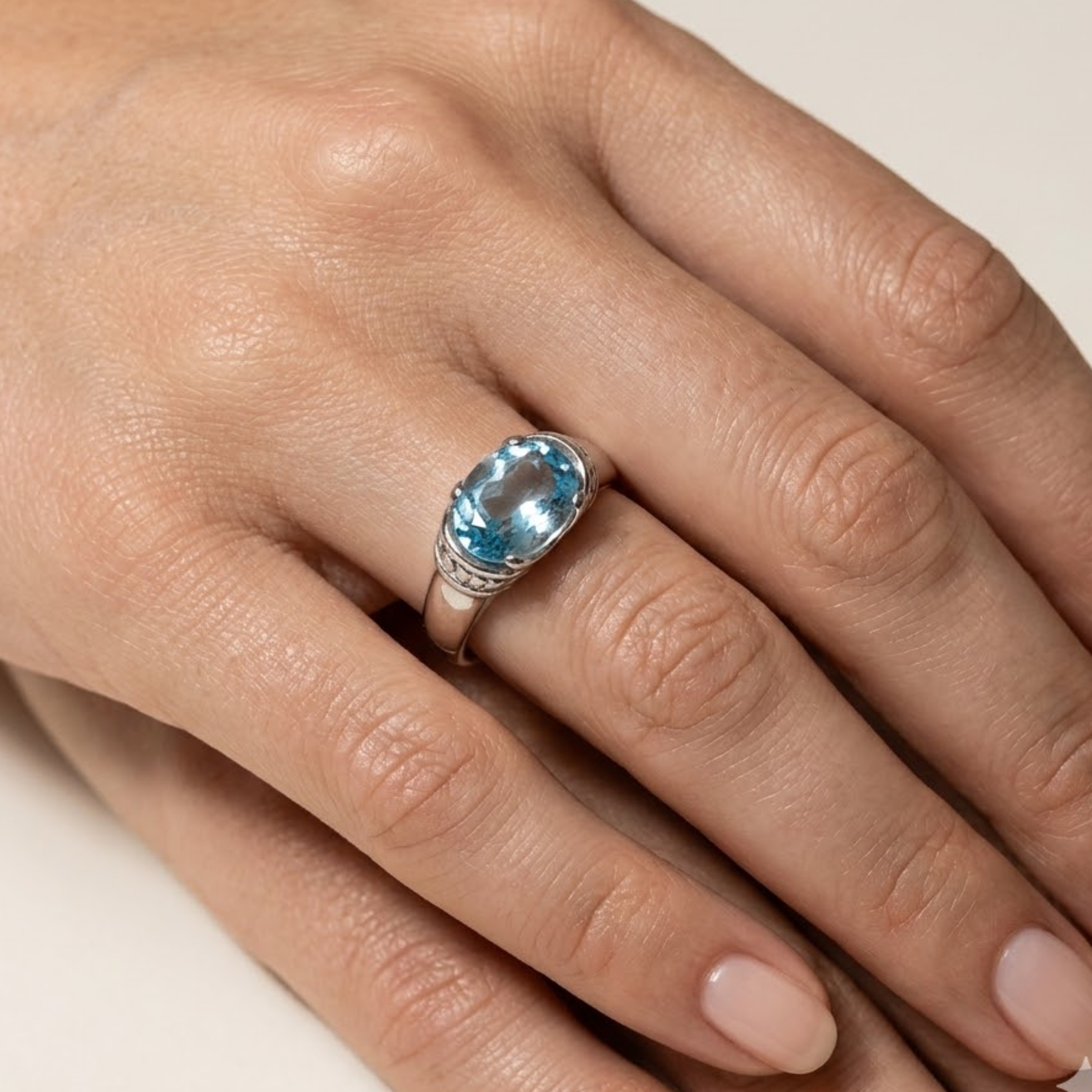Radiant 925 Sterling Silver ring featuring an oval Created Blue Aquamarine, a stylish choice for everyday wear or special events.