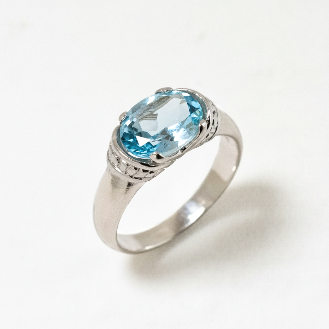 Created Aquamarine Ring made in 925 Sterling Silver with Oval Created Blue Aquamarine in Solitaire setting, March Birthstone gift idea, symbolizes courage & good luck, ideal for everyday wear and perfect for birthday gifting and special occasions.