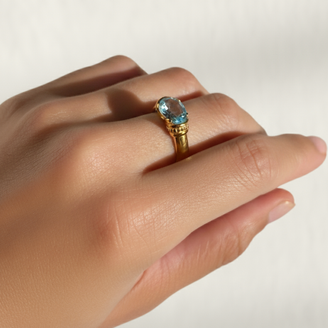 Gorgeous 18k Gold Vermeil Aquamarine Ring with an Oval Stone, a thoughtful gift symbolizing luck and ideal for special occasions.
