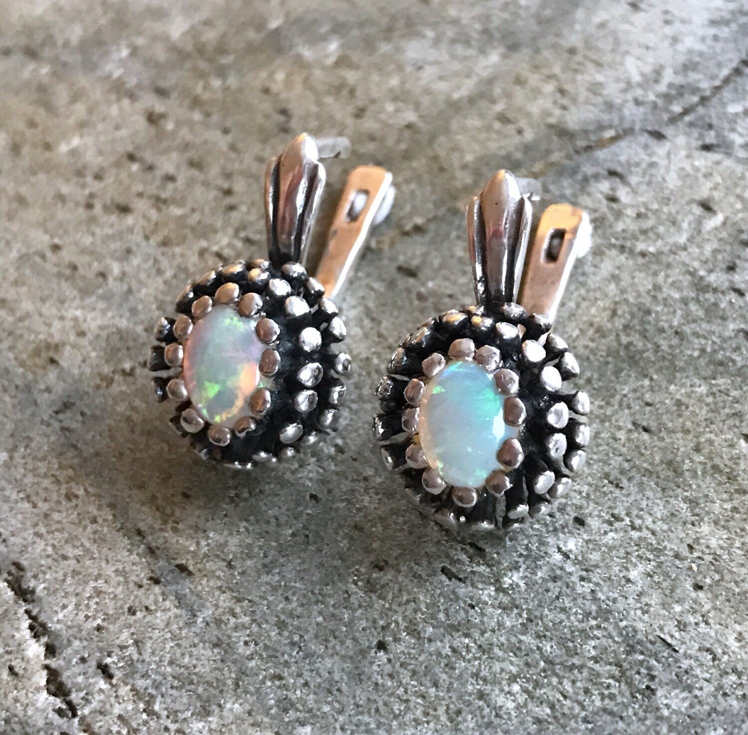 Fire Opal Earrings, Natural Opal Studs, Vintage Earrings, October Birthstone, Bohemian Earrings, Big Studs, White Earrings, Silver Earrings
