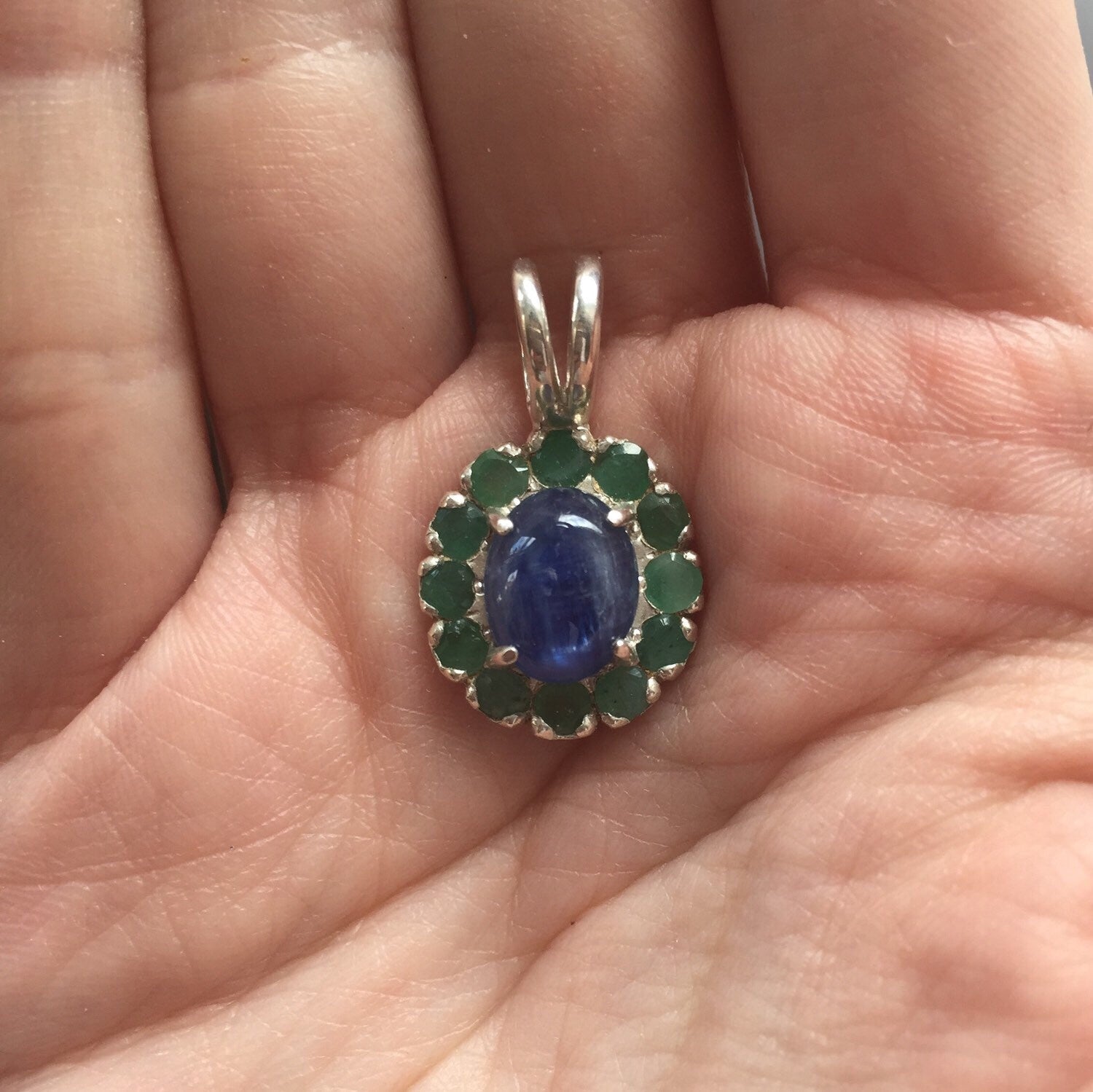 Kyanite Pendant, Emerald Pendant, Birthstone Pendent, Victorian Pendant, May Birthstone, Blue Pendant, Solid Silver, Silver Pendant, Emerald