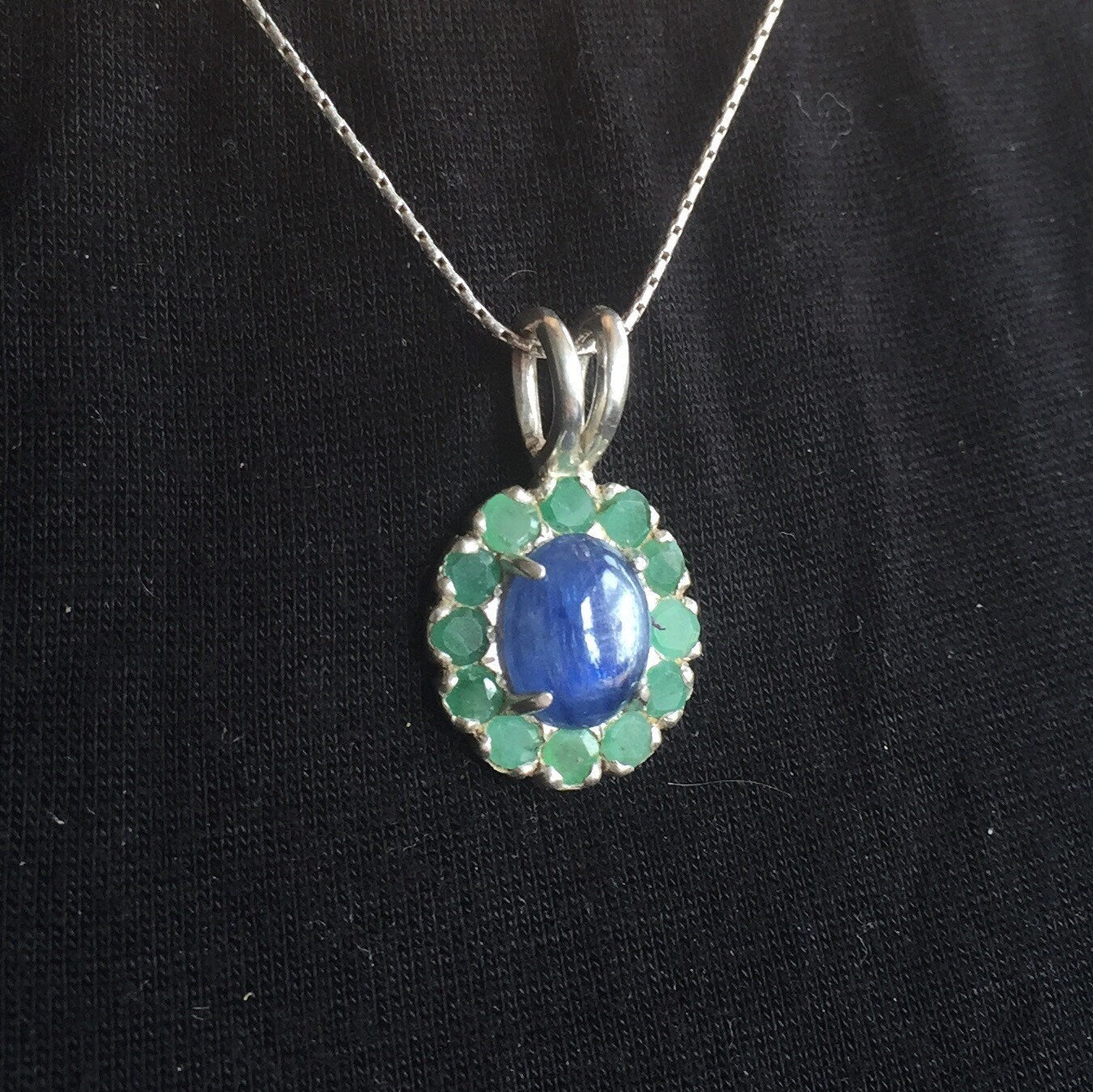 Kyanite Pendant, Emerald Pendant, Birthstone Pendent, Victorian Pendant, May Birthstone, Blue Pendant, Solid Silver, Silver Pendant, Emerald