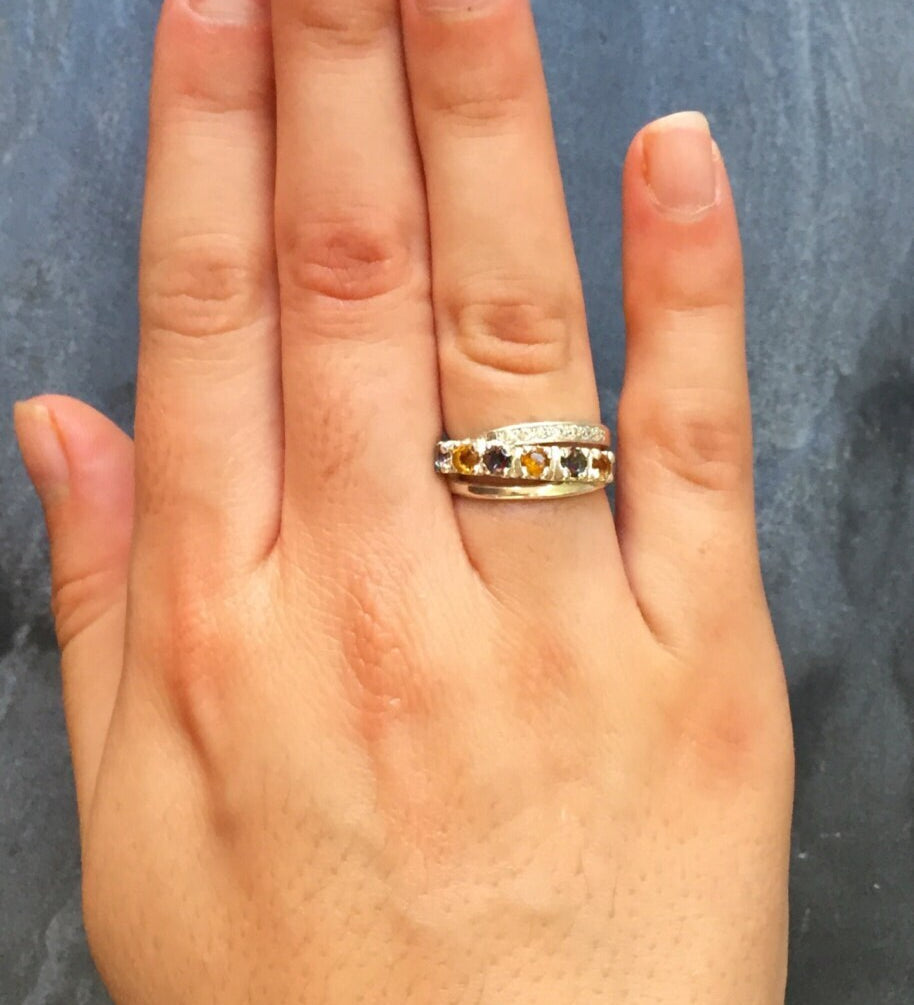 Triple Band, November Birthstone, December Birthstone, Small Size Ring, Blue Topaz Ring, Citrine Ring, Double Band, Natural Gem, Pure Silver