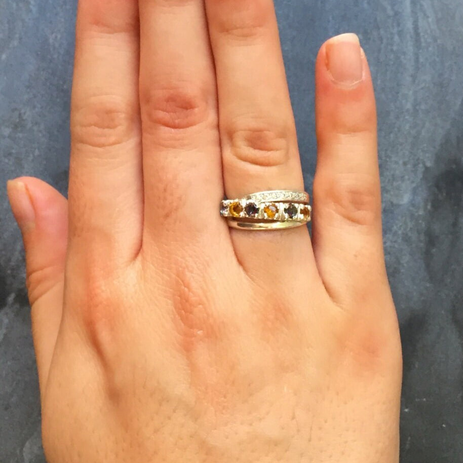 Triple Band, November Birthstone, December Birthstone, Small Size Ring, Blue Topaz Ring, Citrine Ring, Double Band, Natural Gem, Pure Silver