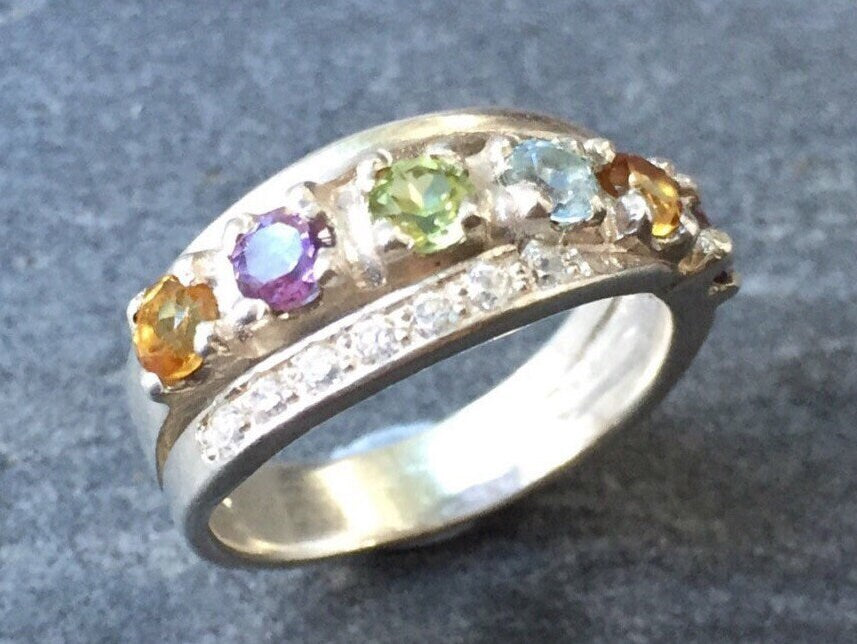 Triple Band, November Birthstone, December Birthstone, Small Size Ring, Blue Topaz Ring, Citrine Ring, Double Band, Natural Gem, Pure Silver