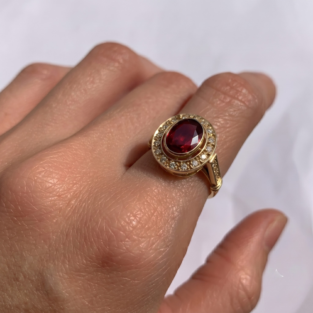 18k Gold Vermeil Ruby Ring with Oval Created Red Ruby, perfect birthday gift and symbolizes nobility and passion.