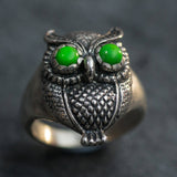 Green-Eyed Owl Ring - Genuine Turquoise Ring - Large Owl Ring