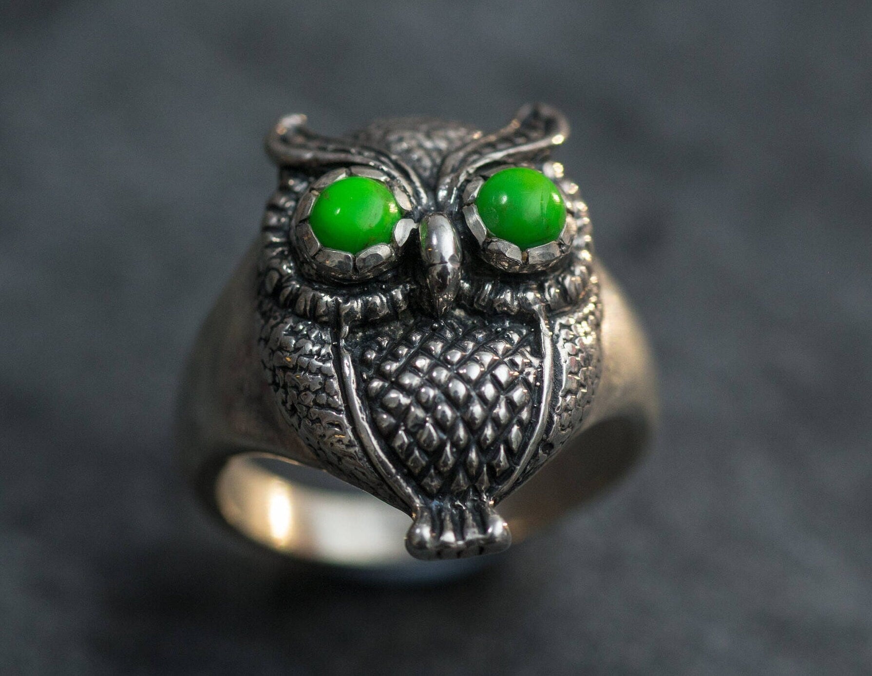 Owl Ring, Turquoise Ring, Natural Turquoise, Artistic Ring, Owl Eyes, Green Eyes, December Birthstone, Green Turquoise, Solid Silver Ring